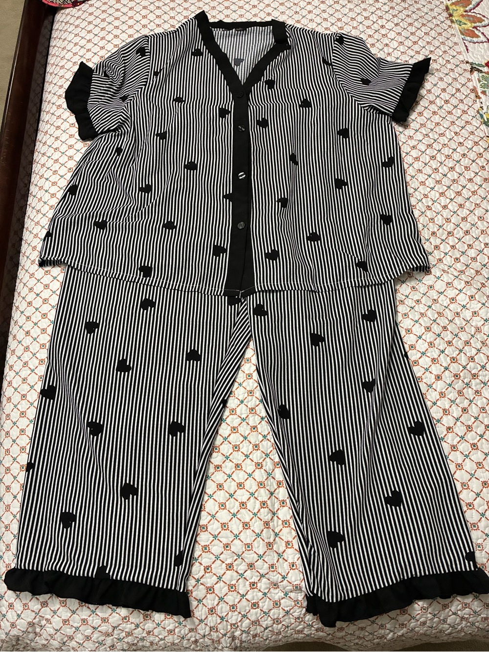 Striped Wide-Leg Pajama Pants & Button Front Top in Black and White 2XL